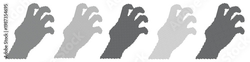 A black halftone vector set of five hands with varying shades on a white background