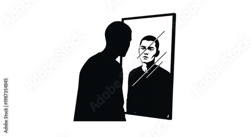 Black Silhouette Person Mirror Reflection Identity Self Awareness Minimal Vector Set