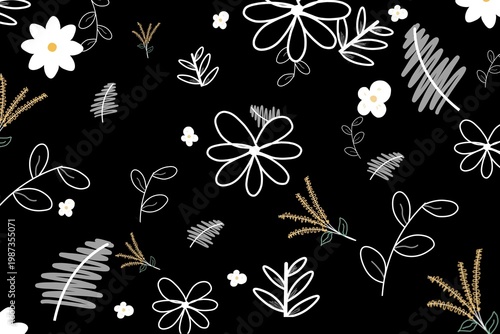 Seamless Floral Pattern on Black Background with Minimal Line Art Flowers