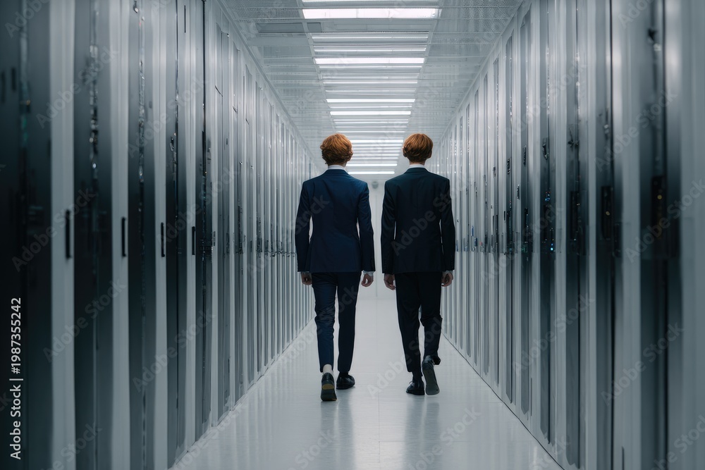 Fototapeta premium Two figures in dark suits walk down a bright, modern server room aisle