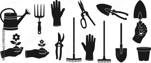 Gardening tools and plant care icon set vector illustration, garden equipment collection with gloves rake shovel pruning tools for farming