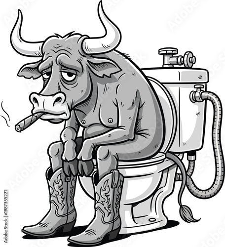 Depressed bull on the toilet a cartoon commentary on stress and modern life