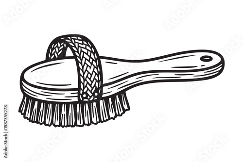 Round wooden scrub brush with dense bristles for deep cleaning, ergonomic handle for firm grip, coarse texture removes stains from surfaces, rustic handcrafted look evokes household care