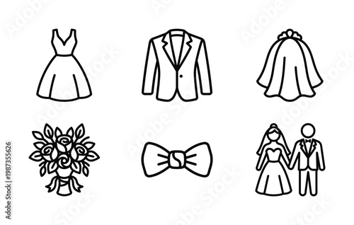 Minimalist vector outlines for wedding elements: dress, suit, veil, bouquet, bow tie, and couple. Ideal for invitations, planner apps, decor.