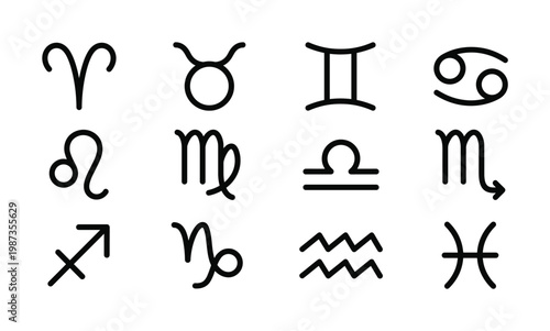 Collection of simple black vector astrological zodiac signs on white. Ideal for horoscopes, spirituality, design, education, and celestial themes.