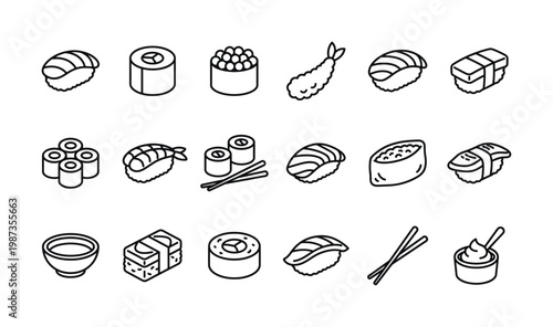 A collection of outlined vector icons depicting various sushi, rolls, tempura, and condiments. Perfect for menus, apps, and food-related designs.