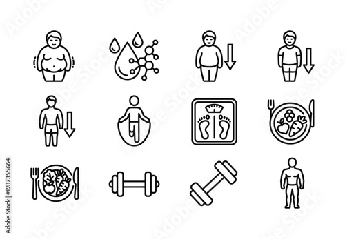 Vector line icons for health, fitness, and weight loss. Includes symbols for obesity, metabolism, exercise, healthy food, and body transformation. Clean, modern design.