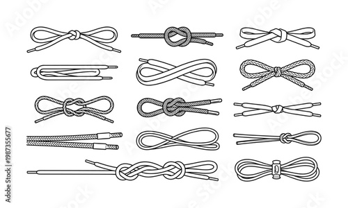 Vector illustration of various shoelace knots and styles, including bows and tied laces. Clean black and white outline. Ideal for fashion, shoe repair, or DIY guides.