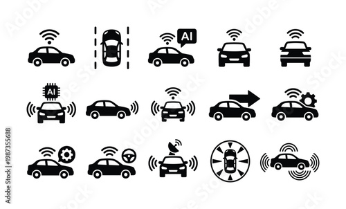 Vector icons for autonomous cars, smart driving, and AI vehicle systems. Ideal for automotive tech, mobility apps, presentations, and infographics.