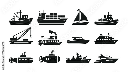 Collection of flat black silhouette water transport icons. Includes boats, ships, submarines, and yachts. Ideal for web, infographics, apps, and print.