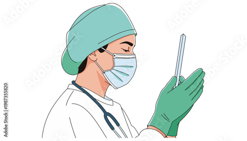 A doctor in a surgical mask and green gloves holding a syringe