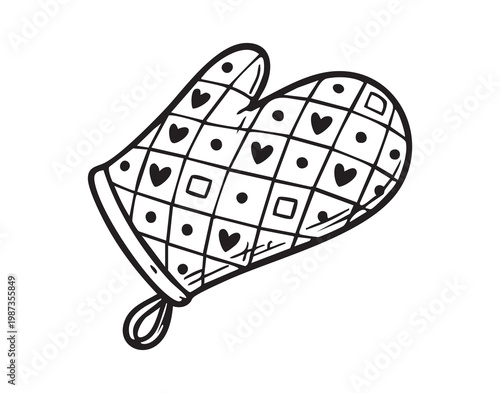 Comfortable kitchen accessory. Soft textile oven mitt featuring stitched heart pattern for kitchen use. Crafted quilted oven mitt with charming heart motif ideal for baking and handling hot pots