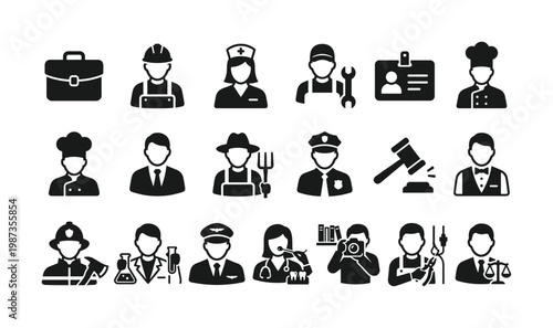 Vector collection of diverse professional occupations icons. Perfect for HR, career services, job listings, and educational materials.