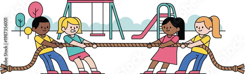 Children playing tug of war at playground, diverse kids competing in outdoor game