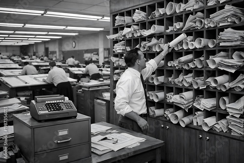 Vintage Office Worker Retrieving Blueprints in Mid-Century Office