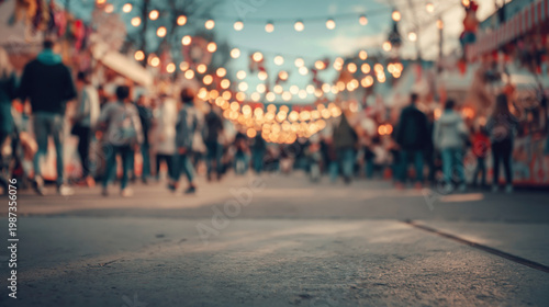Busy urban street with blurred pedestrians and warm bokeh lights creating dynamic spring summer lifestyle city background for commercial design