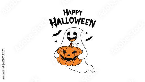 A happy ghost holding a pumpkin in a Halloween illustration