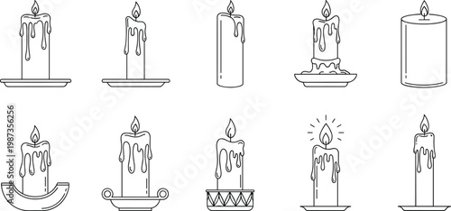 Minimalist Candle Icon Set Featuring Burning Wax Candles With Melting Drips And Decorative Holders In A Clean Vector Line Art Style