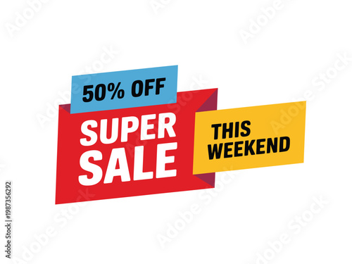 Colorful sale banners advertise a weekend promotion with a fifty percent discount