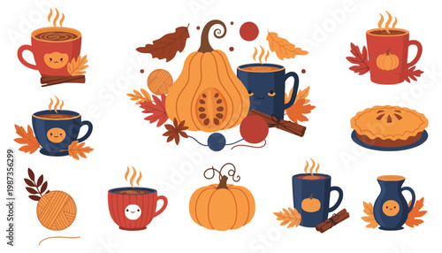 A set of autumn icons featuring pumpkins and steaming coffee cups
