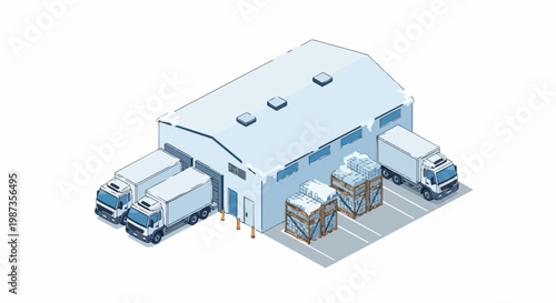 Isometric Cold Storage Warehouse and Logistics Distribution Center with Cargo Delivery Trucks and Pallets in Winter Snow