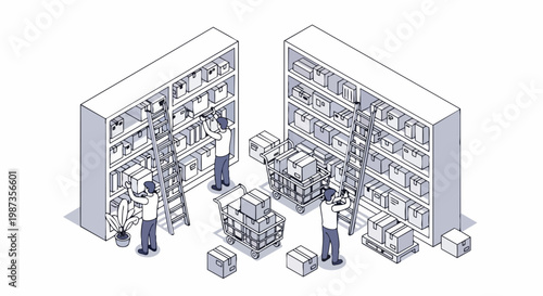 Isometric Warehouse Logistics and Inventory Management Illustration with Workers Organizing Shelves and Boxes
