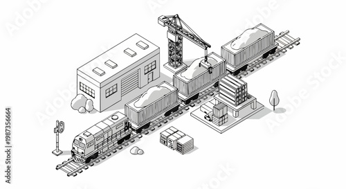 Isometric Line Art Illustration of an Industrial Freight Train Transporting Cargo in a Rail Yard with Crane, Warehouse, and Logistics Infrastructure