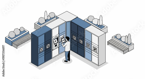 Man Using Smart Parcel Locker System with QR Code Technology for Automated Package Pickup and Delivery, Isometric Flat Vector Illustration