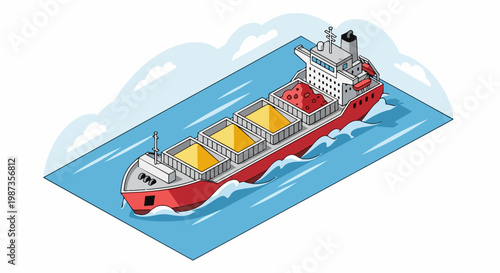 Isometric Bulk Carrier Cargo Ship Illustration for Global Trade and Maritime Logistics