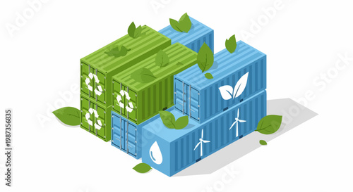 Green Logistics Concept: Isometric Shipping Containers with Recycling and Renewable Energy Symbols for Sustainable Global Trade