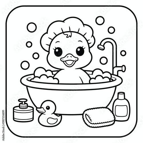 Duckling sits inside a bathtub filled with soapy water bubbles while wearing a shower cap, accompanied by rubber toys and hygiene products in this detailed black and white coloring book illustration.