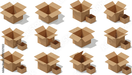 Large collection of open empty brown cardboard delivery boxes in various isometric angles for shipping logistics and moving house concepts.