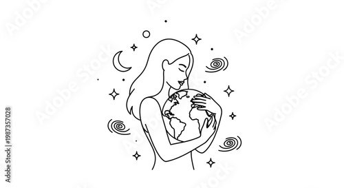 Woman embracing the Earth with love and care.