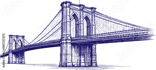 Quadro su tela Brooklyn Bridge Hand Drawn Line Art Sketch, New York City Landmark Illustration,