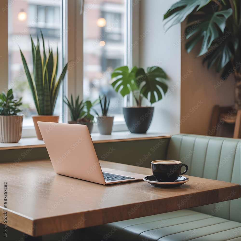 Fototapeta premium Cafe Workspace with Laptop Coffee and Plants