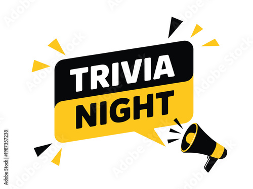 A vibrant graphic announces trivia night with a speech bubble and megaphone