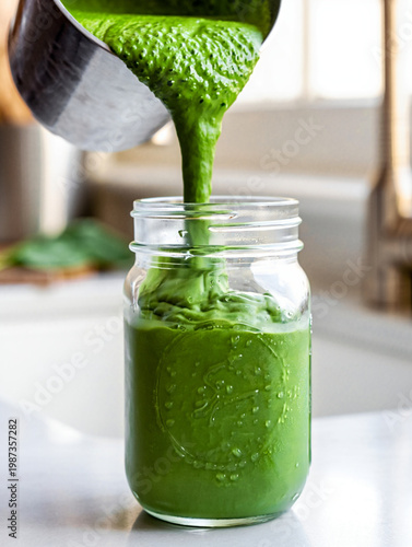 Extreme close-up of green kale and spinach smoothie pouring into mason jar with water droplets, macro food photography in sunlit kitchen