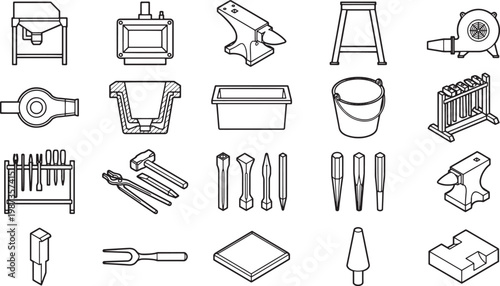 A detailed illustration of a comprehensive set of essential blacksmithing tools, offering a detailed glimpse into the craft. 
