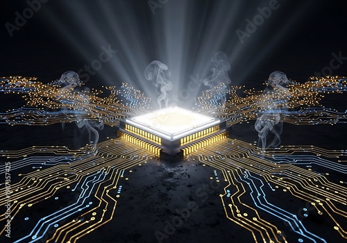 Central processing unit glowing with energy and data streams