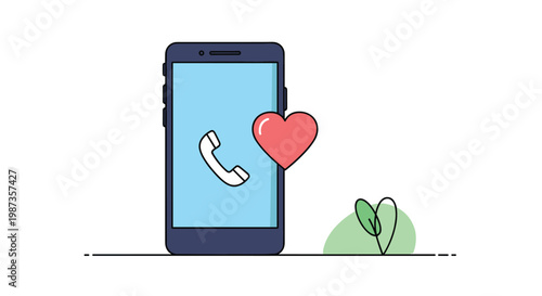 Smartphone icon on a white background with a phone handset symbol on the screen and a small red heart next to the device.