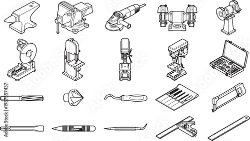 A collection of various tools arranged in a geometric, clean, and organized pattern, each precisely illustrated to showcase its distinct form and function, for crafting, building, and fixing.