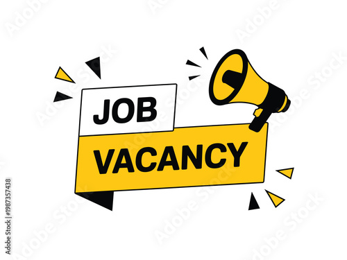 A vibrant graphic announces a job vacancy with a megaphone illustration