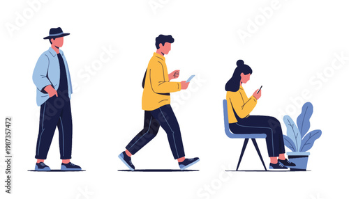 People vector illustration of three individuals in different poses and outfits