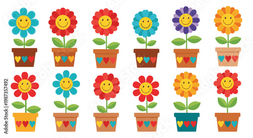 Set of twelve potted flowers with friendly smiley faces on their centers and colorful hearts decorating the flower pots.