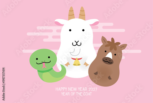 Zodiac animals figurines for zodiac goat year. Cute horizontal greetings card template for New Year of the Goat 2027. Zodiac goat, zodiac snake and zodiac horse vector illustration.