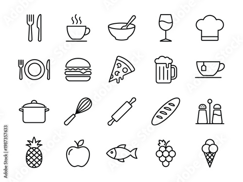 Outline vector icons of food drink kitchen items for menus recipes dining applications with hot drink chef hat rolling pin ice cream icon set restaurant hamburger pineapple ingredient