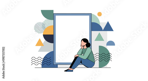 Woman sitting with colorful geometric shapes.