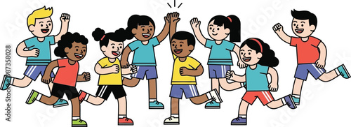 Diverse Children Running Race, Celebrating Victory, Teamwork and Fun