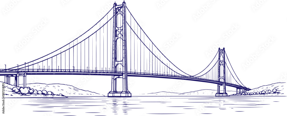 Fototapeta premium 1915 Çanakkale Bridge hand drawn line art sketch, detailed architectural illustration of Çanakkale 1915 suspension bridge, minimalist black and white outline drawing, engineering landmark concept