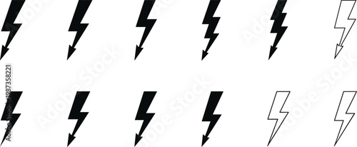 Collection of black lightning bolt and flash thunder vector icons in various styles for electricity energy and power supply concepts.